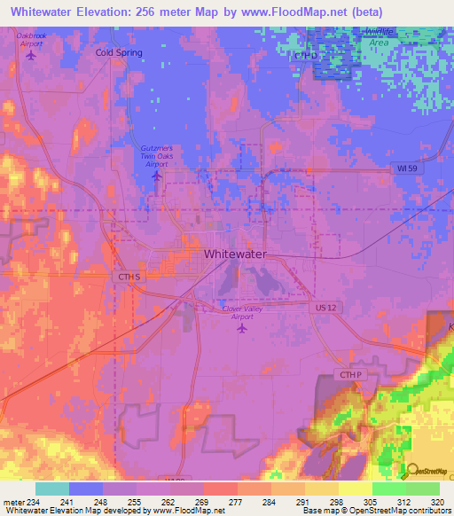 Whitewater,US Elevation Map