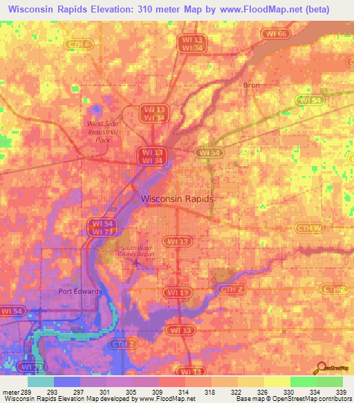 Wisconsin Rapids,US Elevation Map