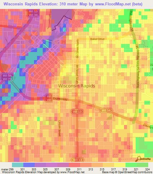 Wisconsin Rapids,US Elevation Map