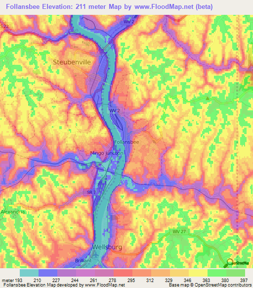 Follansbee,US Elevation Map