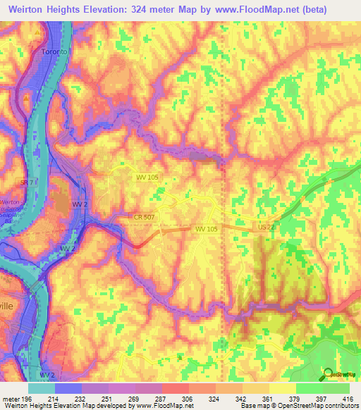 Weirton Heights,US Elevation Map