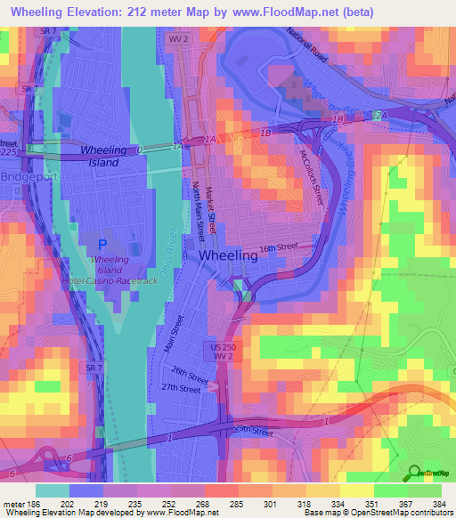 Wheeling,US Elevation Map