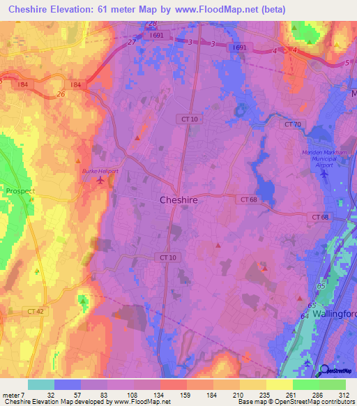 Cheshire,US Elevation Map