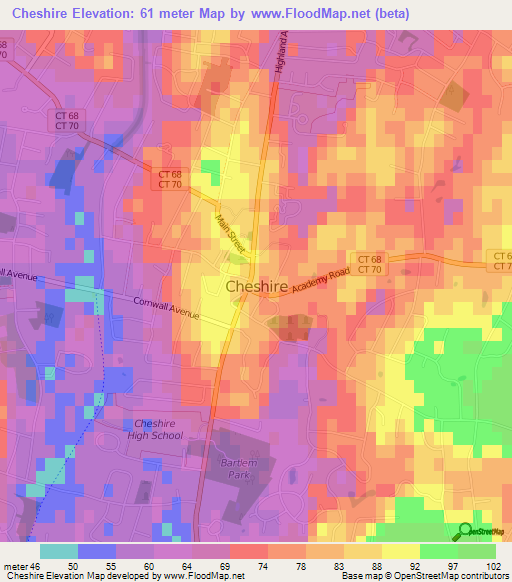 Cheshire,US Elevation Map