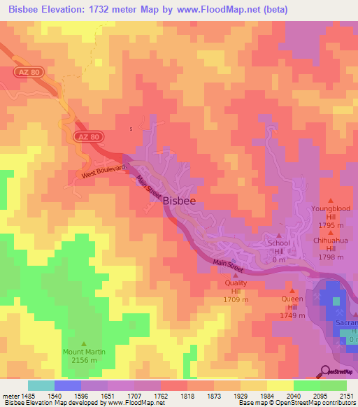 Bisbee,US Elevation Map