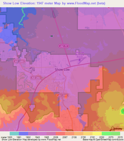 Show Low,US Elevation Map