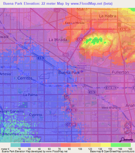 Buena Park,US Elevation Map