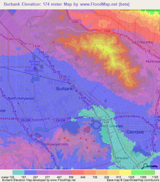 Burbank,US Elevation Map