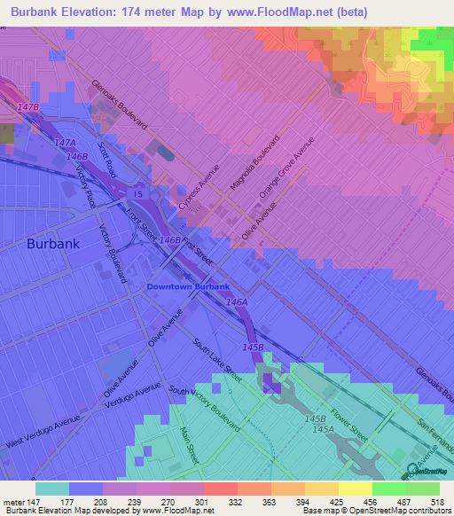 Burbank,US Elevation Map