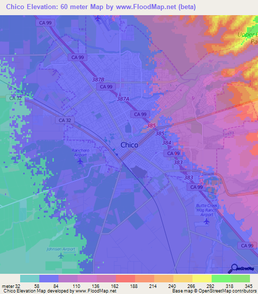 Chico,US Elevation Map