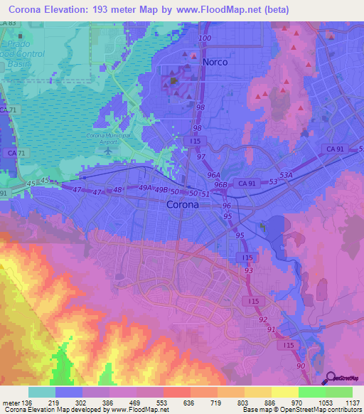 Corona,US Elevation Map