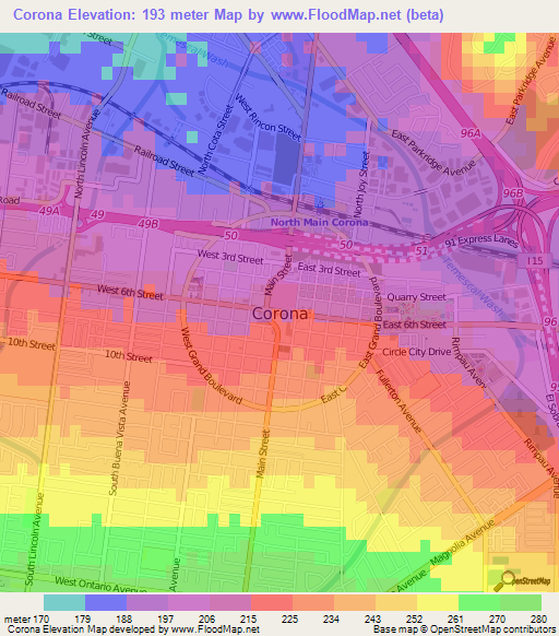 Corona,US Elevation Map