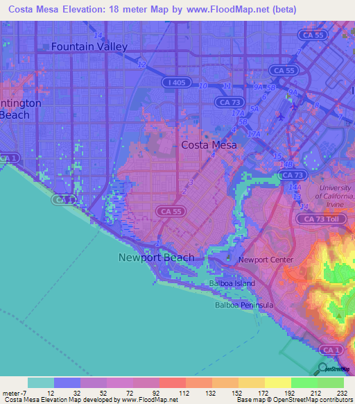 Costa Mesa,US Elevation Map