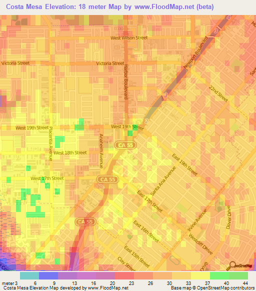 Costa Mesa,US Elevation Map