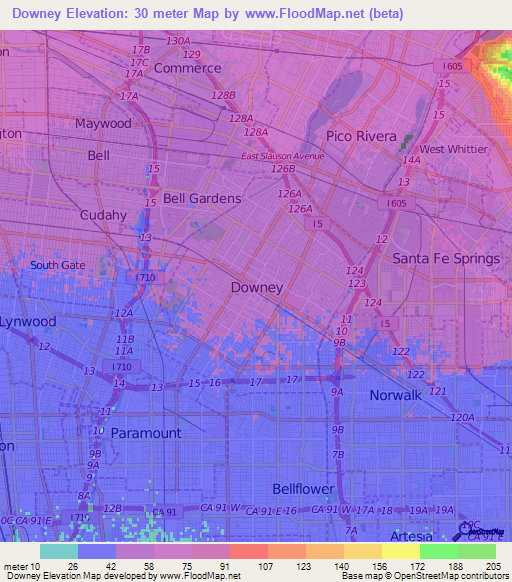 Downey,US Elevation Map