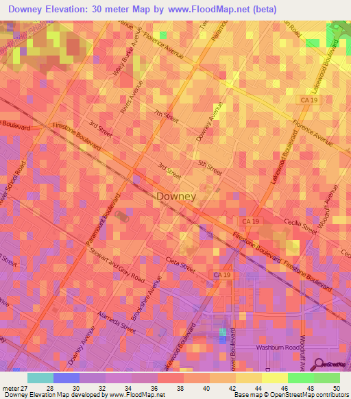 Downey,US Elevation Map