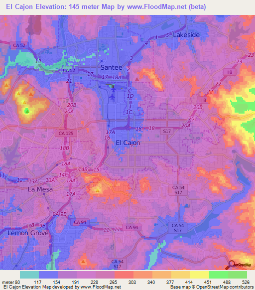 El Cajon,US Elevation Map