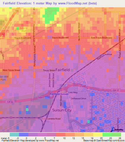 Fairfield,US Elevation Map