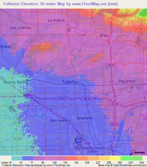 Fullerton,US Elevation Map