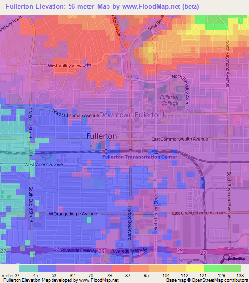 Fullerton,US Elevation Map