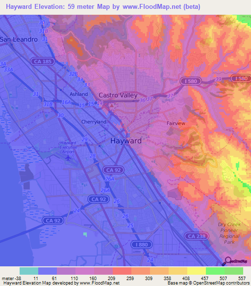 Hayward,US Elevation Map