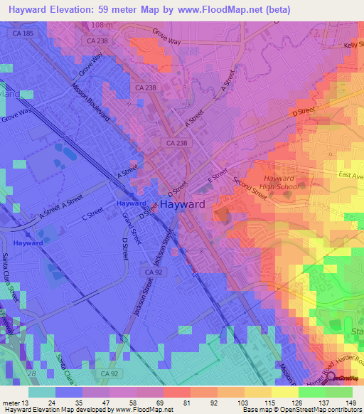 Hayward,US Elevation Map