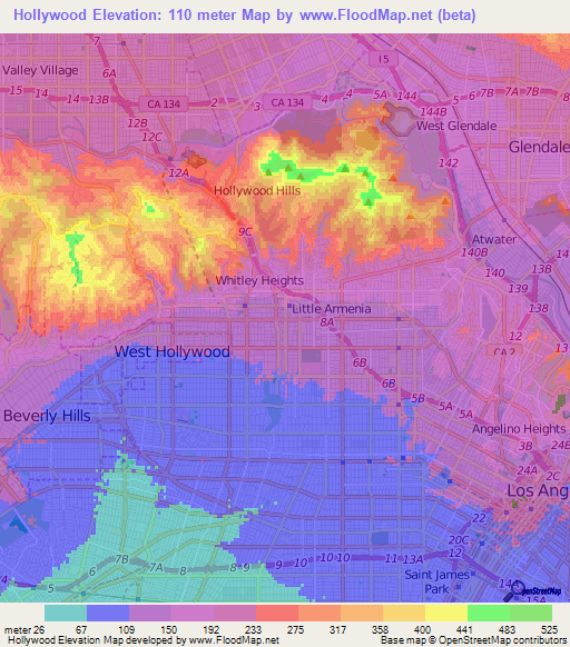 Hollywood,US Elevation Map