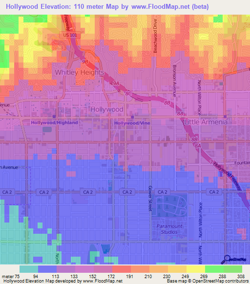 Hollywood,US Elevation Map