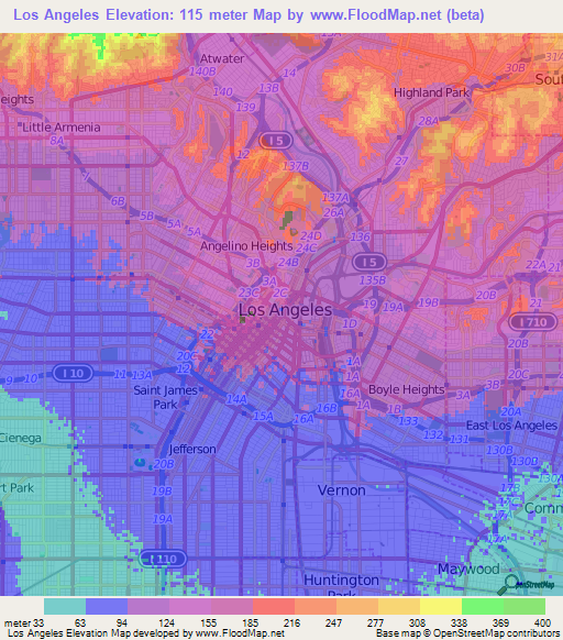 Los Angeles,US Elevation Map