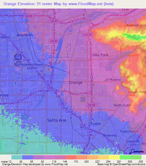 Orange,US Elevation Map