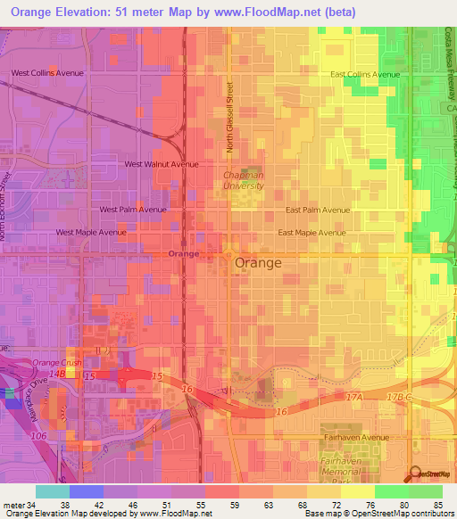 Orange,US Elevation Map