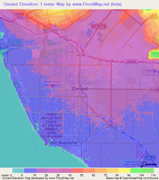 Oxnard,US Elevation Map