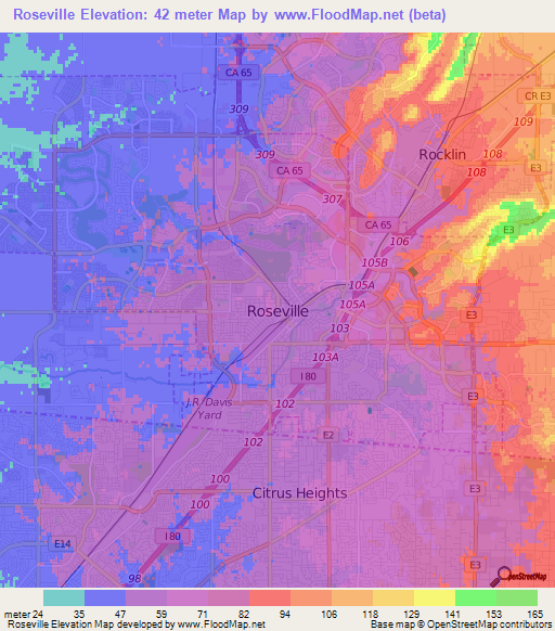 Roseville,US Elevation Map