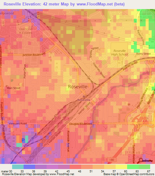 Roseville,US Elevation Map