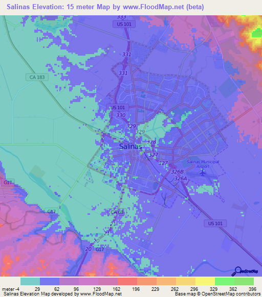 Salinas,US Elevation Map