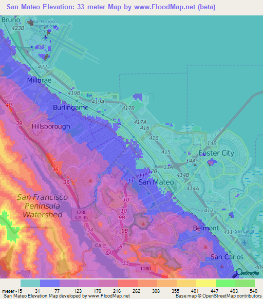 San Mateo,US Elevation Map