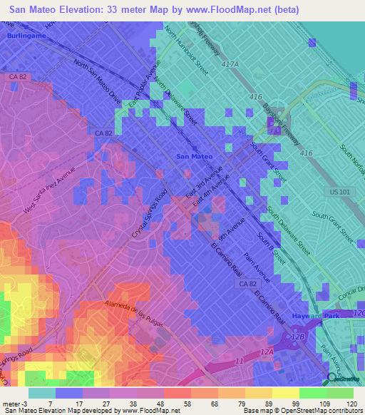 San Mateo,US Elevation Map