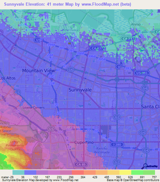 Sunnyvale,US Elevation Map