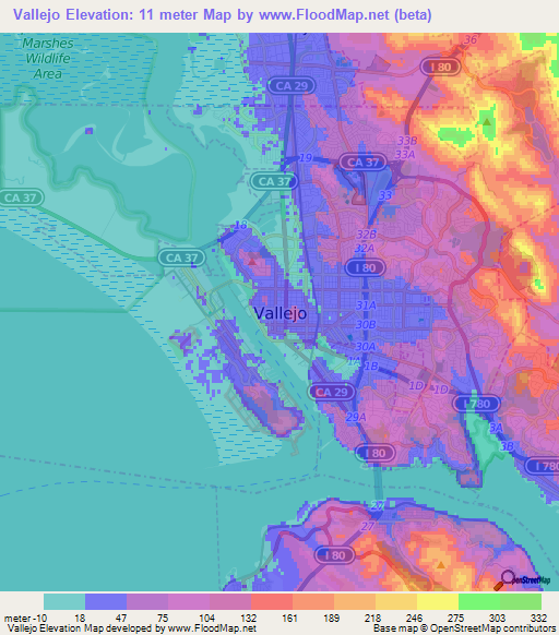 Vallejo,US Elevation Map