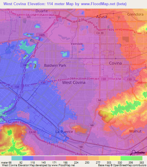 West Covina,US Elevation Map