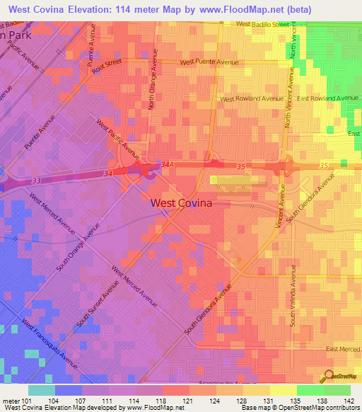 West Covina,US Elevation Map