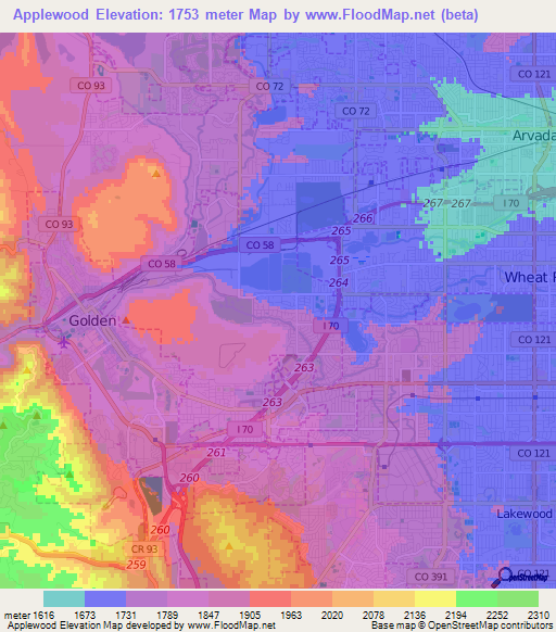 Applewood,US Elevation Map