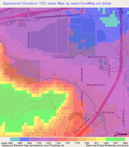 Applewood,US Elevation Map