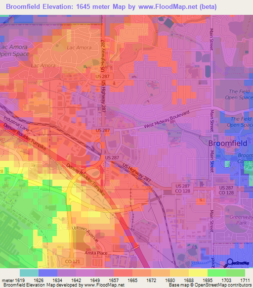 Broomfield,US Elevation Map