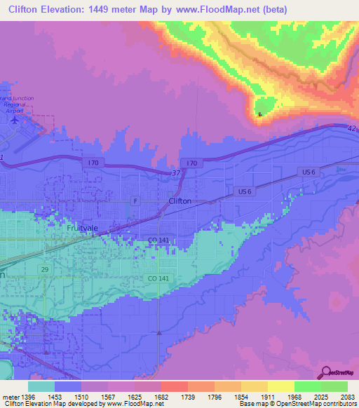 Clifton,US Elevation Map