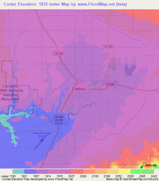 Cortez,US Elevation Map