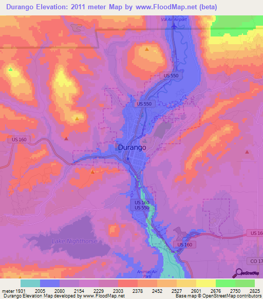 Durango,US Elevation Map