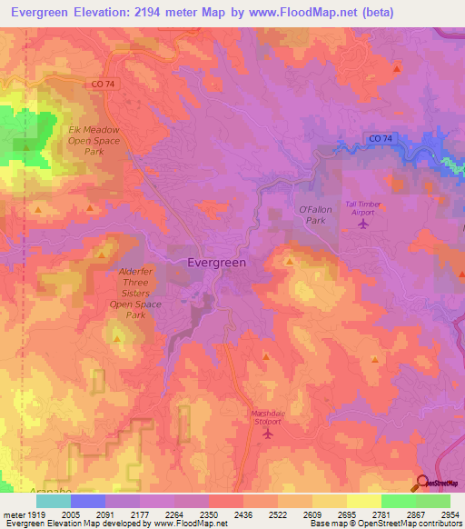 Evergreen,US Elevation Map