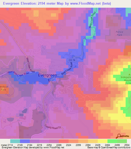 Evergreen,US Elevation Map