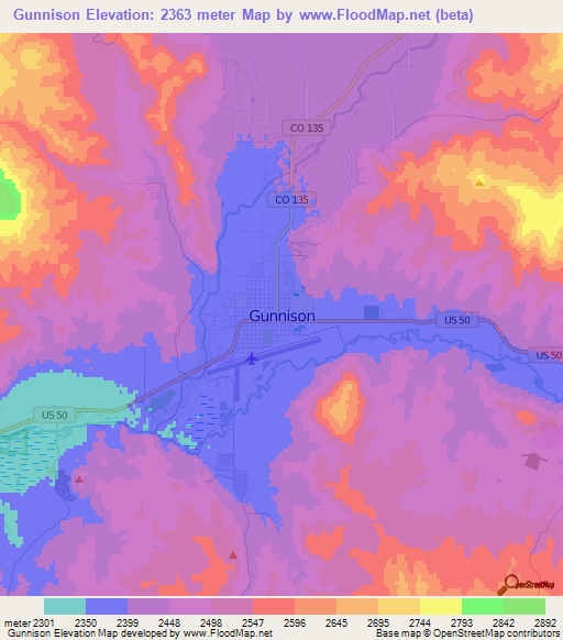 Gunnison,US Elevation Map